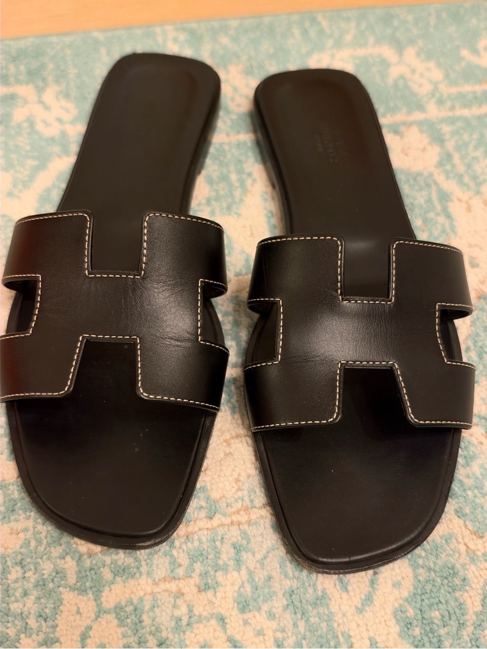 Hermes Black Oran Leather Slide Sandals -